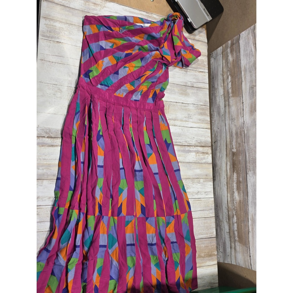 Albert Nipon Vintage 100% Silk One Shoulder Geometric Pleated Midi Dress Size 4